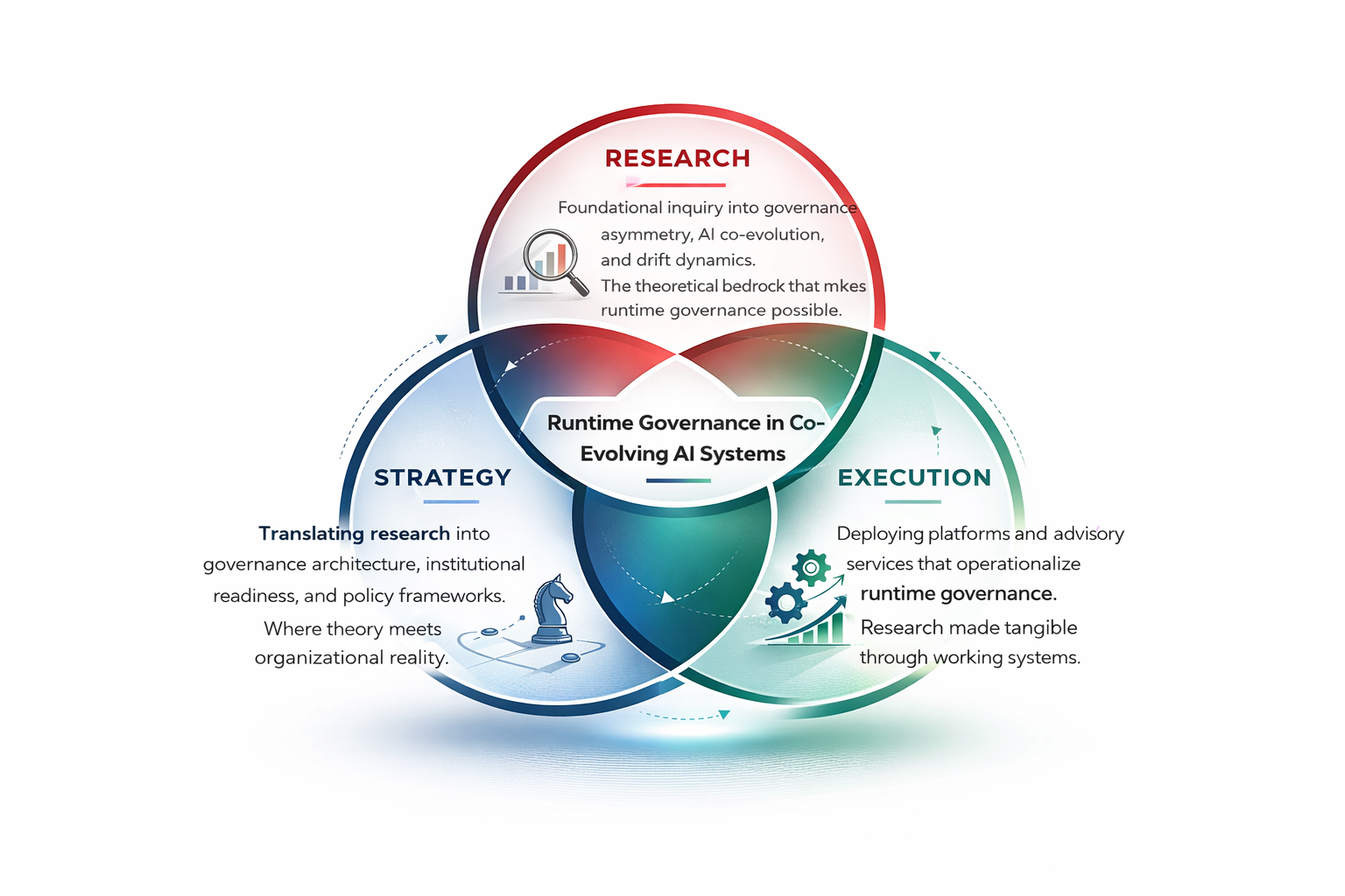 Three interlocking rings labelled Research, Strategy and Execution, representing the AiSuNe framework